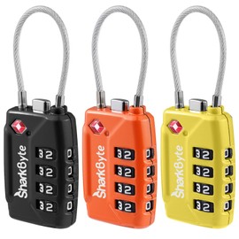 SharkByte TSA Approved Luggage Locks - 4-Digit Combo, (3 Pack) Flexible Cable for Suitcases & Bags (10,000 Combinations)