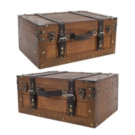 Sonew Vintage Distressed Wooden Storage Trunk with Textured Leather Handle for Multipurpose Use - Portable Antique Style Wood Chest for Clothes, Toys, and Photo Props (Large)
