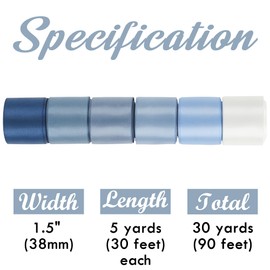 HUIHUANG Blue Ribbon 1-1/2" Dusty Blue/French Blue/Antique Blue/Navy/Light Blue and White Satin Ribbons for Wedding Flower Bouquet Hair Bows Gift Wrapping Crafts- 6 Rolls, Total 30 Yards