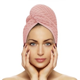 FAB-ON UK Hair Dry Towel Turban Style 100% Cotton Instant Drying Quick Absorbent Lightweight Button & Loop Closure One Size Hair Dry Cap For Curly Long Hair 60x20 CM