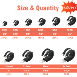 AKIHISA 126pcs Cable Clamps Assortment Kit, 10 Sizes 1/4" 5/16" 3/8" 1/2" 5/8" 3/4" 1" 1-1/4" 1-1/2" 1-3/4" 304 Stainless Steel Rubber Coated Cushioned Insulated Cable Clamp for Pipes and Hoses