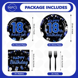 96Pcs 18th Birthday Decorations for Boys Blue and Black 18th Birthday Plates and Napkins Tableware Sets 18 & Adult-ish Party Decorations Favors for Teens 18 Years Old Party Supplies Serves 24