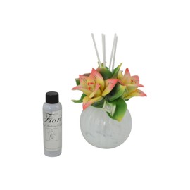 Ceramic Reed Oil Diffuser Porcelain Capodimonte Roses or Flowers Home Fragrance Diffuser Set with 4oz Bottle of Oil Pink and Yellow Lilies Warm Vanilla Scent