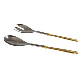 Server Set, Flatware, Serving Spoon and Fork, Carved, 2-piece 18/10 Stainless steel with brass handles (gold finish)