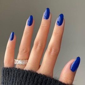 Royal Blue Press on Nails Short Oval, SXVME Solid Color Acrylic Fake Nail Short Round, Blue False Nail Press ons Handmade of Gel, Natural Full Cover Glue on Nails For Women Daily Wear 24Pcs