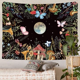 Simpkeely Moon Garden Wall Hanging Mushroom Moonlit Floral Tapestry Butterfly Plant Poster Country for Bedroom Dorm Living Room - 59 x 80 Inches