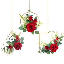 Red Floral Wreath, Sunvissh Set of 3 Rose Wreath with Metal Floral Hoop Wall DIY Hanging Home Decor, Perfect for Wedding Party Farmhouse Decoration