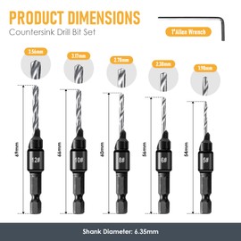 6 PCS Countersink Drill Bit Set, 5 PCS Quick Change 1/4inch Hex Shank Countersink Bit, 1 PCS Hex Wrench, for Drilling Holes in Wood, Composite Panels, and Plastics