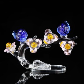 Qianwei Blue Crystal Bird Figurine with Plum Blossom Collectible - Glass Animals Figurines Crystal Office Desk Table Home Decor Paperweight Handmade