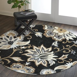 Lahome Floral Black Round Rugs - 3Ft Washable Round Area Rug Non-Slip Small Round Entryway Rug Throw Soft Bedroom Circle Rug Paisley Print Accent Distressed Circular Rug for Bathroom Sofa Living Room