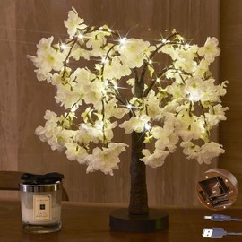 Hairui Lighted White Cherry Blossom Tree Battery Operated 18IN 40 Warm White LED Artifical Bonsai Tree with Timer USB Plug for Wedding Birthday Party Christmas Home Decoration
