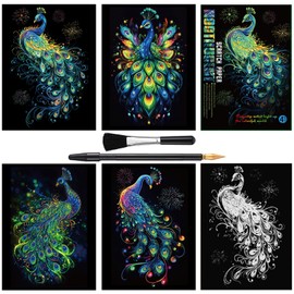 Scratch Paper Art Set, 4 Sheets Rainbow Painting Scratch Off Art Peafowl Animal, A Bird of Juno Art Craft Supplies for Adults Girls & Boys Christmas Birthday Party Game New Year Gift