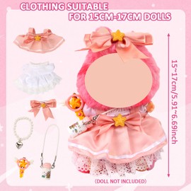 6Pcs Doll Clothes Suitable for 17cm Dolls, Overalls & Accessories Doll Clothes Include Strap Dress, Gift Dress, Headwear, Necklace, Magic Wand, Water Bottle for Girls（No Doll）