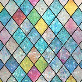 Haton Stained Glass Window Film, Rainbow Window Privacy Film, Decorative Sun Blocking Glass Clings Stickers, Static Cling Colorful Lattice Coverings Decals for Home Door 17.5" x 78.7"