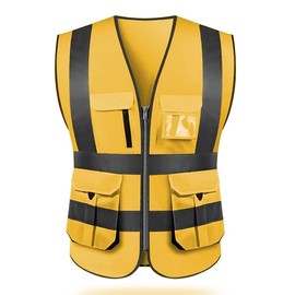 ZUJA High visibility reflective safety vest multi pockets Hi-vis vest workwear safety waistcoat withreflective strips for men and women
