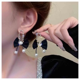 Allereya Vintage Black Ribbon Bow Dangle Earrings Crystal Bow Tie Drop Earrings Rhinestone Pearl Earrings Black CZ Bowkont Stud Earrings Jewellery for Women and Girls