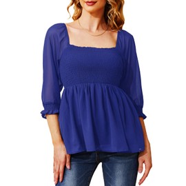 Holipick - Blusa de manga 3/4 abombada, cuello cuadrado, fruncida, casual, blusa lisa, Azul Real, M