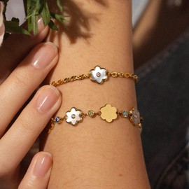 Purelei® Flowering Bracelet with Flowers and Colourful Zirconia Stones Interchangeable, Waterproof Bracelet Made of Stainless Steel, Adjustable Length 16-19 cm, Stainless Steel