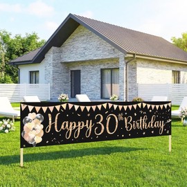 Happy 30th Birthday Banner Sign Black Gold Glitter 30 Years Old Birthday Party Home Yard Decorations Banners Supplies Celebration Backdrop for Men Women Mother Father Firend 72.8x15.7 Inches