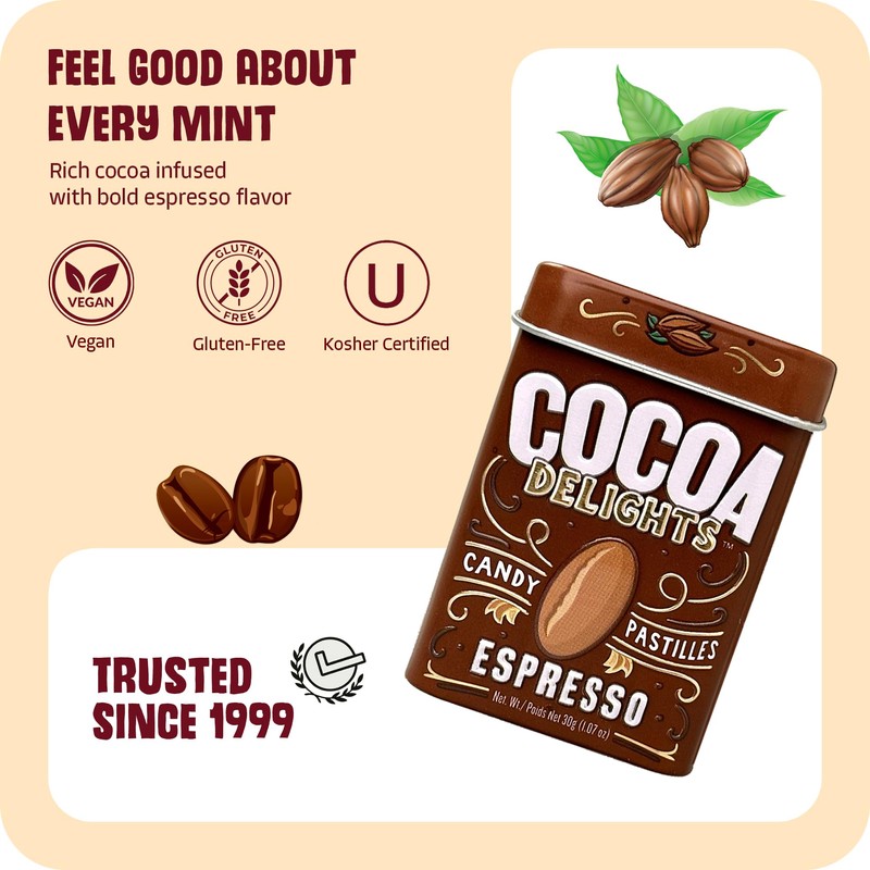 Cocoa Delights Chocolate Espresso Candy Pastilles - 30 Count Tin