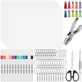 Flasoo 175 PCS Shrinky Plastic Sheets Kit, Including 20 Sheets Shrinky Art Paper, Acrylic Paint Markers, Tassels, Keychains, Hole Punch for Creative Crafts and Keychain Making