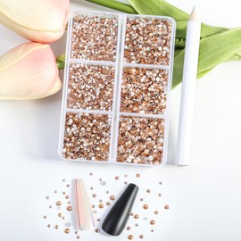 Beadsland 7200pcs Flatback Rhinestones,Champagne Rhinestones Nail Gems Round Crystal Rhinestones for Crafts,Mixed 6 Sizes with Wax Pencil Kit, SS3-SS10,Light Peach