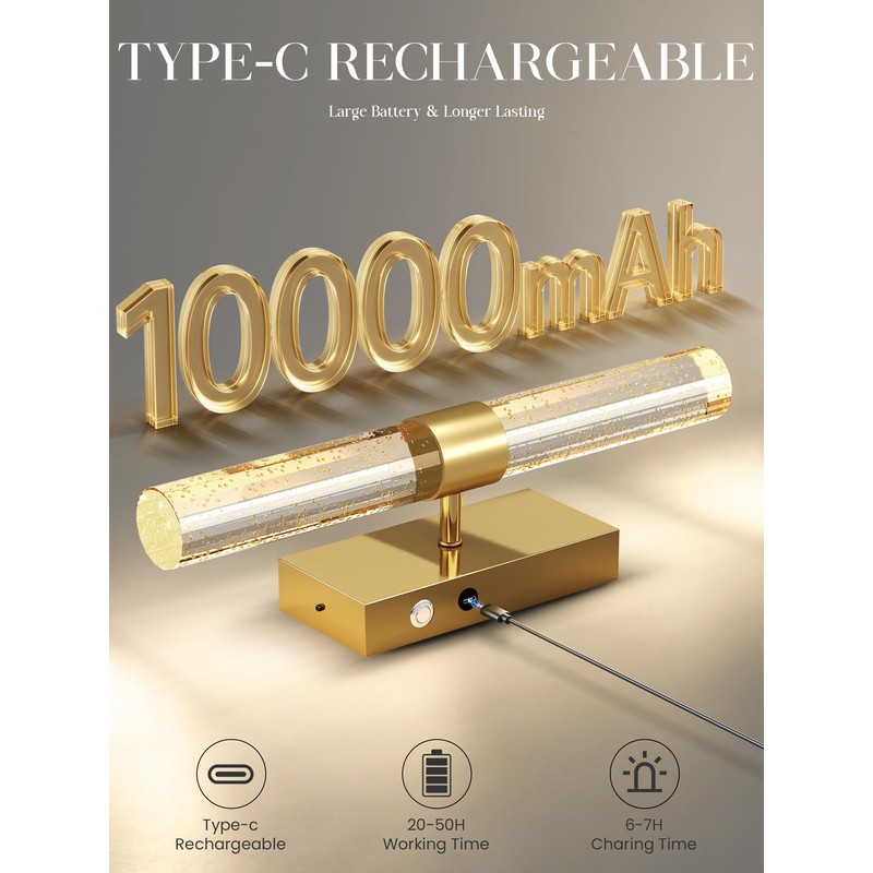 10000mAh Battery Operated Wall Sconces Set of 2, Gold, 15.3