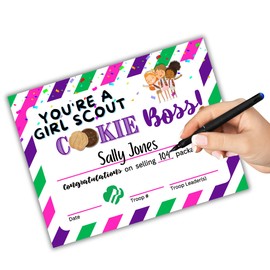 Girl Cookie Selling Boss Certificate | 50 pk 8.5x11” Striped Achievement Hitting Scout Sales Goal Boxes of Cookies Troop Leader