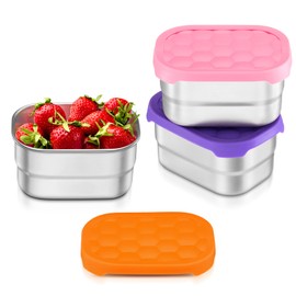 Leonyo Stainless Steel Snack Containers for Kids, Lunch Containers for Kids, 8oz Kids Snack Container with Silicone Lids, Metal Lunch Box for Daycare and School, Easy Open Leak Proof Reusable