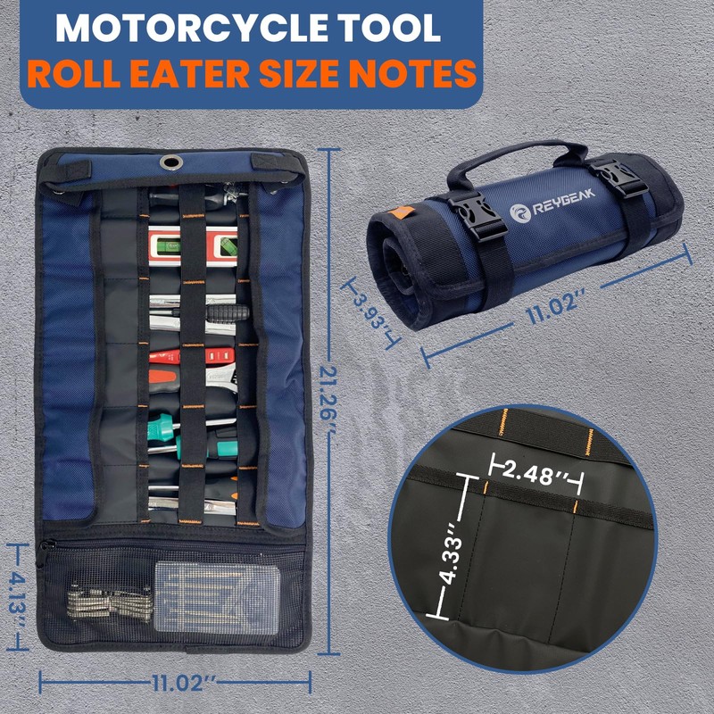 Tool Roll Organizer with Stand-up Baffle,1680D PVC Motorcycle Tool Roll