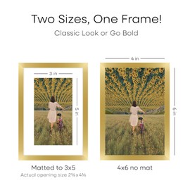 Homeforia 4x6 Picture Frame Gold, High End Metal 4x6 Picture Frames for Wall or Tabletop, Gold Photo Frames 4 x 6 with 3x5 Mat, Tempered Glass, Wall Hook Included, Set of 1
