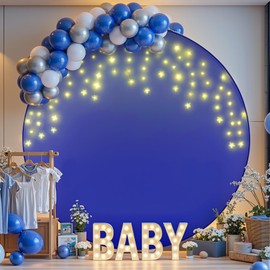 7.2 FT Royal Blue Round Backdrop Cover with Lights String for Circle Arch Stand, Circle Backdrop Covers with LED Fairy Lights for Wedding Baby Shower Birthday Party Photo Shoot Photography Background