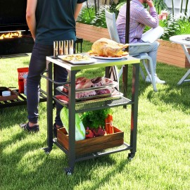 3-Shelf Outdoor Grill Cart with Stainless Steel Tabletop Movable Pizza Oven Table with Hooks Side Handle Wheels Utility Cartcolor: default Color