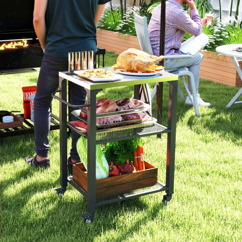 3-Shelf Outdoor Grill Cart with Stainless Steel Tabletop Movable Pizza