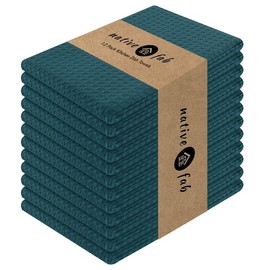 Native Fab Waffle 12 Pack 100% Cotton Kitchen Dish Towels 16x26 Absorbent Durable Washable, Tea Towels, Dish Cloths, Bar Towels, Cleaning Towels, Kitchen Towels with Hanging Loop, Teal Green