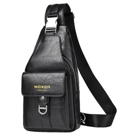 Hjkiopc Sling Bag for Men,Leather Chest Bag with Adjustable Strap,Waterproof Shoulder Bag,Casual Lightweight Bag,Crossbody bag for Hiking,Cycling,Travel,Camping (Black-1)