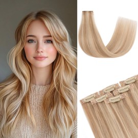 tesshair Clip in Hair Extensions Real Human Hair Remy Single Clip Double Weft 6 Pcs Seamless Highlight Straight Human Hair Clip in Extensions for Women #12P613 Golden Brown & Bleach Blonde - 12 Inch