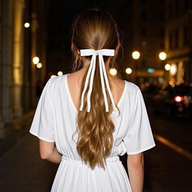 8 PCS Silky Satin Hair Bows Clips, Ribbon White Hair Bows Clips Hair Bowknot with Long Tail, Metal Clips White Bow for Hair Barrettes French Hair Accessories for Women Girls Toddlers Teens Kids