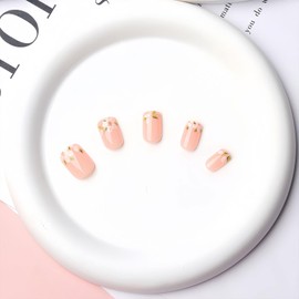 BFY Flower Press on Nails Short Square Fake Nails, Small White Flowers Gold Glitter Acrylic Nails Kit, Spring Summer Nude Glossy Gel Manicure Stick on Nails Full Cover False Nail Tips 24Pcs