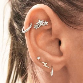 Cybche Boho Crystal Hoop Earrings Silver CZ Triple Star Stud Earrings Small Crystal Lightning Earrings Tiny CZ Round Earrings Rhinestones Huggie Stud Earrings Set Jewelry for Women and Girls