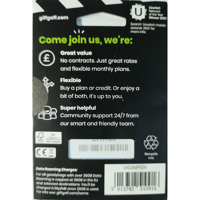 giffgaff £10 + 2GB Data + 500 Mins + Unlimited