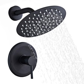 SaniteModar Black Shower Faucet Set 8 Inch Round Rainfall Shower Head with Handheld Shower Vaval and Trim Kit Wall Mounted Shower Faucet Set, Matte Black