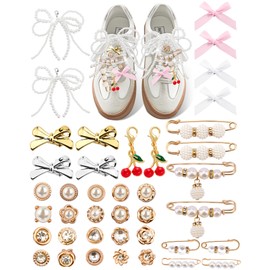Yawlsow 40 Pcs Shoe Charms for Sneakers Junk Charms for Women Shoe Lace Socks Contain Brooches, Pins, Clips, Bows, Jewelry, Pearl Charms Accessories Bulk for Clothes Bag Hat