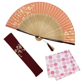 Osaka Choseido Folding Fan, Women's, Stylish, Business, Folding Bag with Handkerchief Set, Sarah, Coral