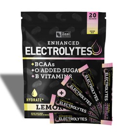 Enhanced Powder Stick Packs (Lemon Berry | 20 Packets) w/ 0 Sugar +BCAAs +B-Vitamins Electrolyte Supplement w Potassium Zinc & Magnesium for Hydration - Keto Electrolytes