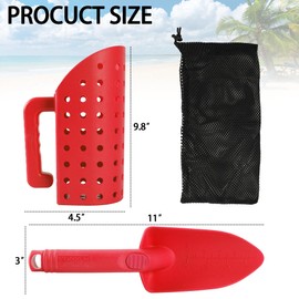 VIKOS Products Sand Scoop and Shovel for Metal Detecting, Beach Sand Sifter Digging Tools for Kids & Adults, Treasure Hunting Accessories with Mesh Bag, Durable Plastic Detector Scoop and Trowel – Red