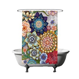 Ulticool Shower Curtain - Colourful Flowers Nature Art - 120 x 180 cm - Washable - Anti Mould - Waterproof - with 8 Rings - Red Green Blue Brown Yellow