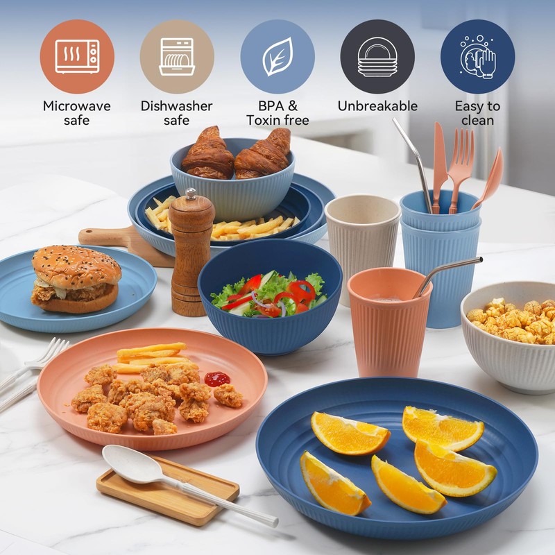 Wheat Straw Dinnerware Sets,64-Piece Black Plates and Bowls Sets for