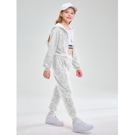 LOLANTA Kids Dance Outfit Sequin Jacket Birthday Party Outfits School Stage Performance Shiny Dancewear (Silver, 7-8 Years)