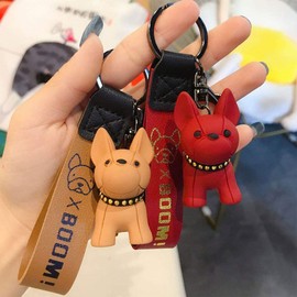 KARAFURA K1052 Key Chain Dog Punk French Bulldog Key Ring Holder Bag Charm Cute Animal Popular Gift Gift, red